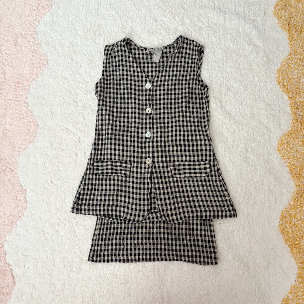 VINTAGE 90s Black Cream Gingham Seersucker 2-Piece Top Skirt Set XS/S W26
